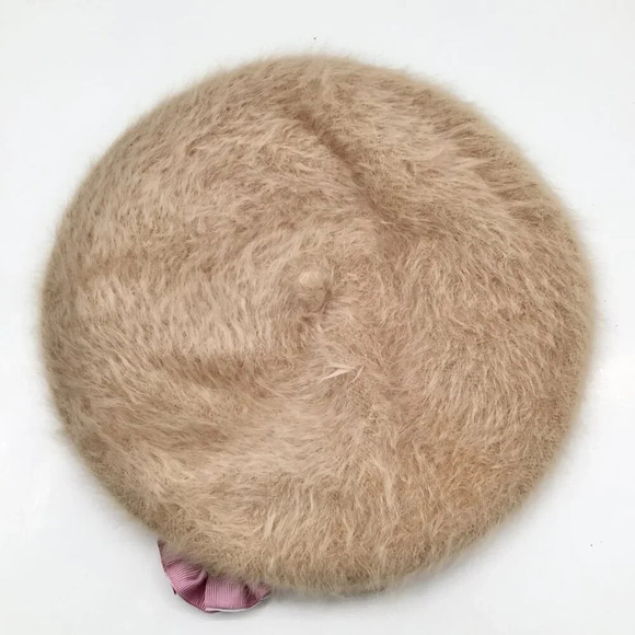 Women's Super Soft Beret Fuzzy Floral Ribbon Rhinestones Tan Pink Brown Feathers - Picture 9 of 9